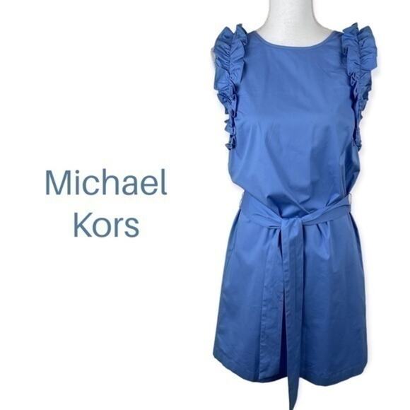 Michael Kors Azure‎ Blue Ruffled Dress With Fabric Belt NWOT Size XS - Picture 2 of 11